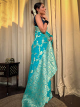 Firozi Blue Banarasi Khaddi Weaved Georgette Saree