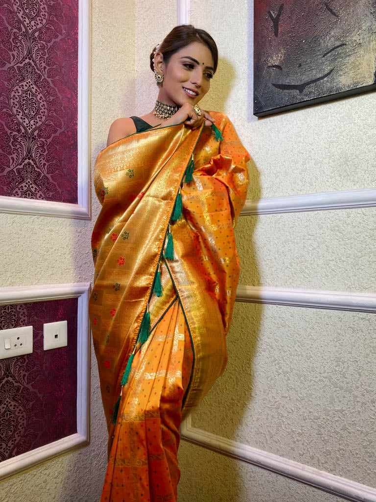 Mustard Yellow Banarasi Silk Ghatchola Saree