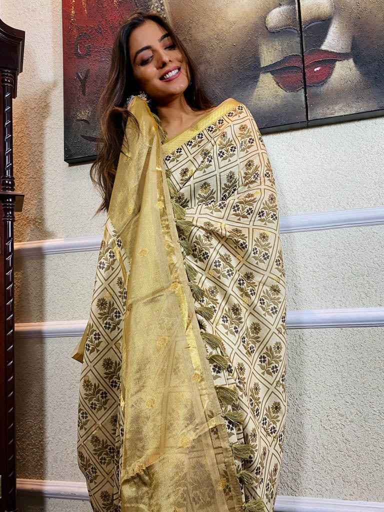 Beige Yellow Uppada Cotton Silk Saree