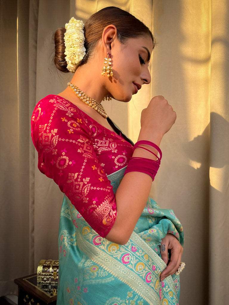 Turquoise Green Meenakari Banarasi Uppada Silk Saree
