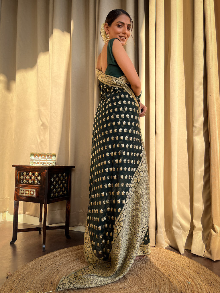 Bottle Green Banarasi Khaddi Weaved Georgette Saree