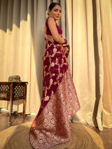 Sangria Wine Banarasi Khaddi Weaved Georgette Saree