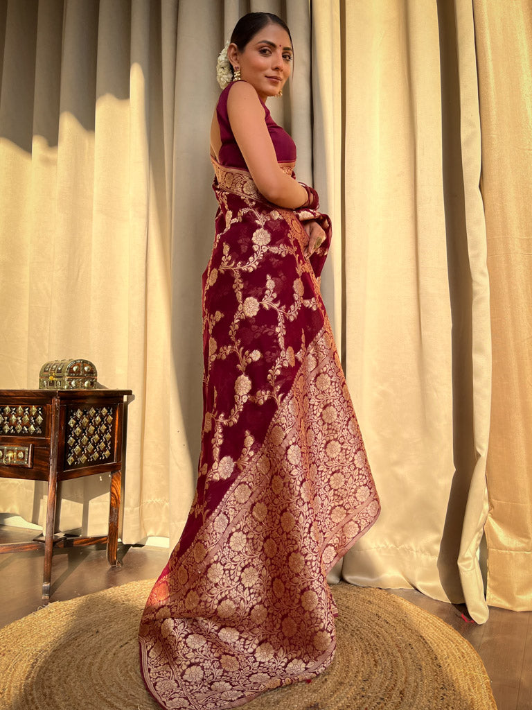 Sangria Wine Banarasi Khaddi Weaved Georgette Saree