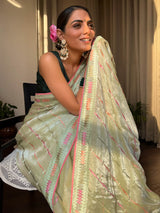 Lime Green French Organza Silk Saree