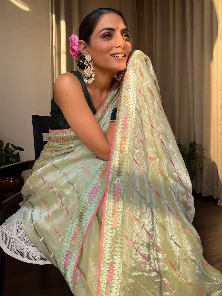Lime Green French Organza Silk Saree