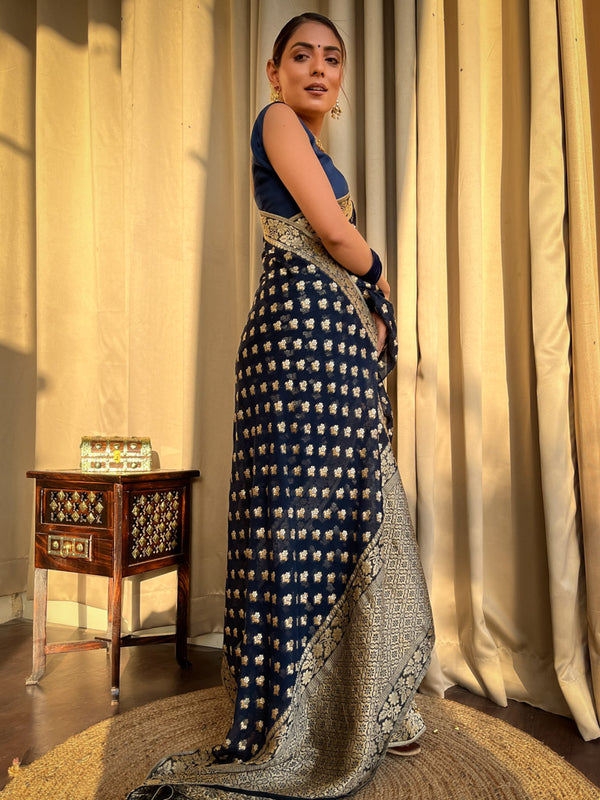 Midnight Blue Banarasi Khaddi Weaved Georgette Saree