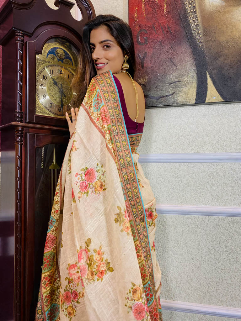 Parchment Tan Linen Silk Saree