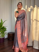 Spruce Blue Naturally Dyed Bagru Cotton Silk Saree