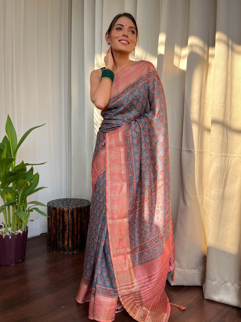 Spruce Blue Naturally Dyed Bagru Cotton Silk Saree