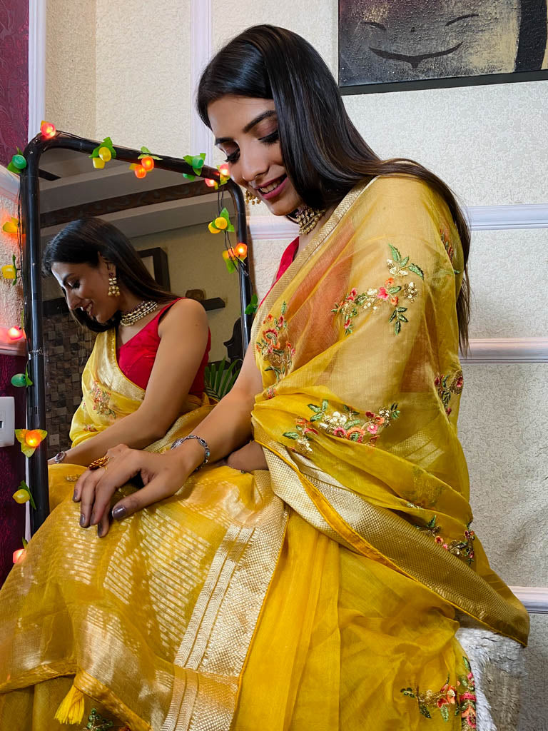 Canary Yellow Organza Silk Saree