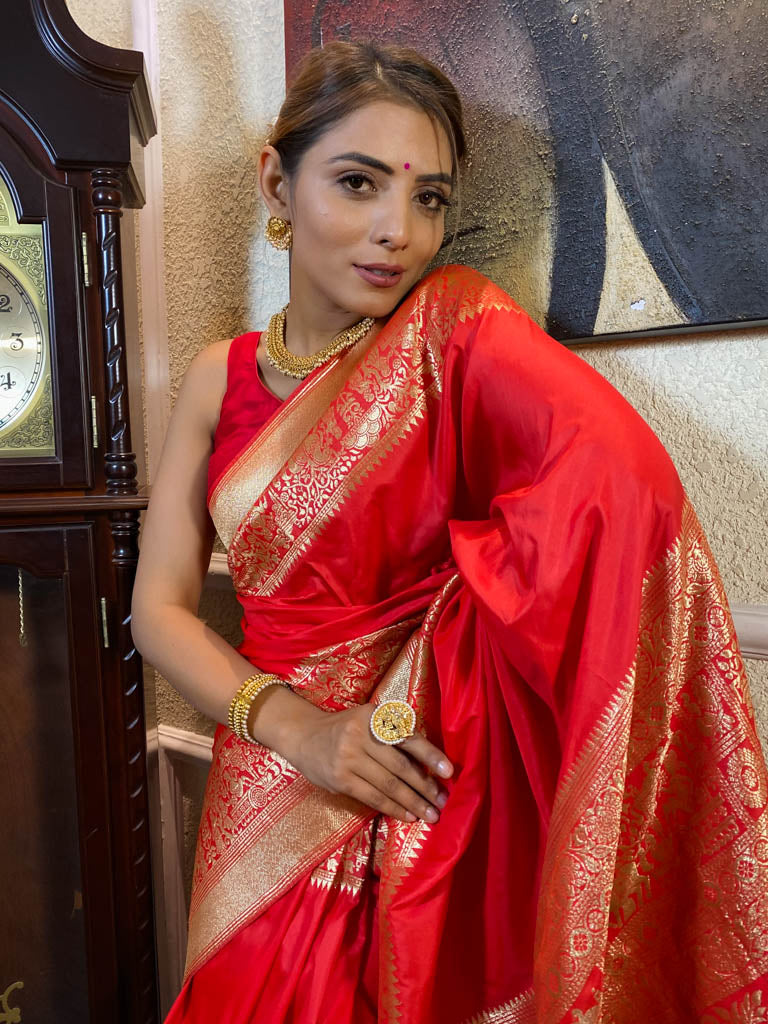Scarlet Red Banarasi Silk Saree