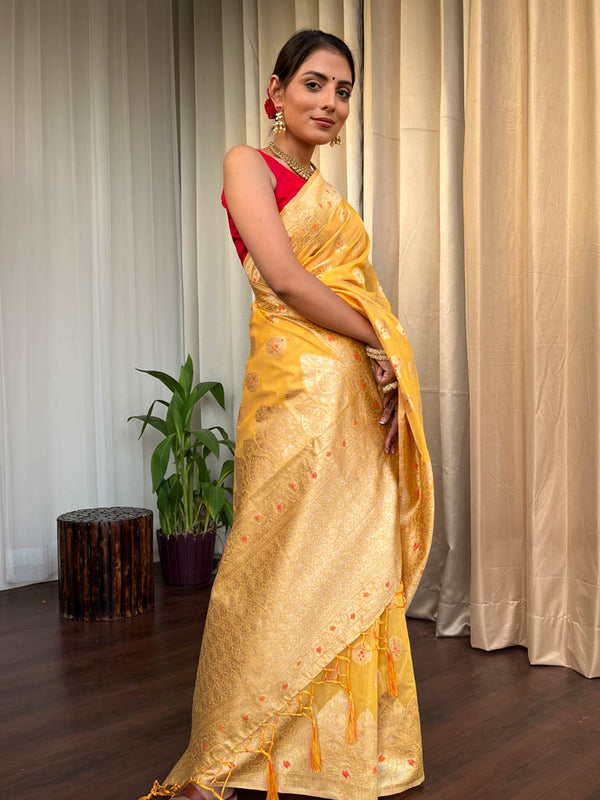 Tuscan Yellow Meenakari Cotton Silk Saree