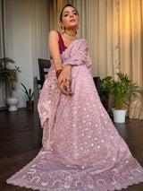 Blush Pink Organza Silk Saree with Scalloped Border
