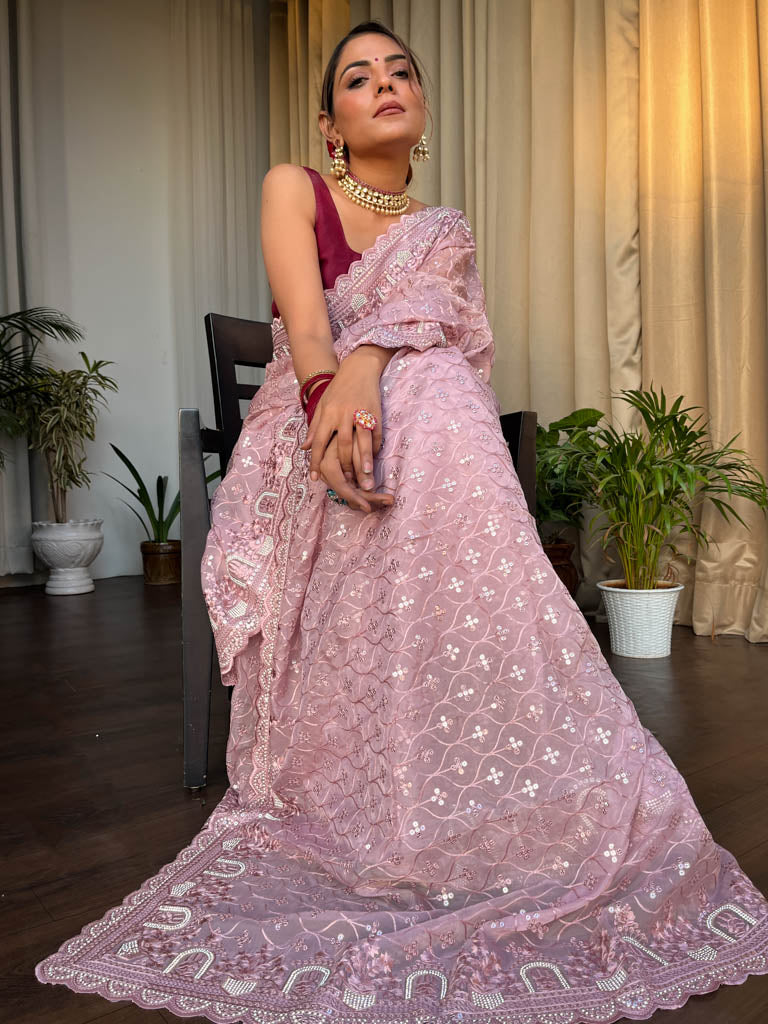 Blush Pink Organza Silk Saree with Scalloped Border