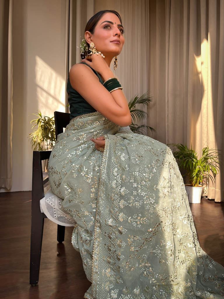 Fern Green Gota Embroidery French Georgette Saree