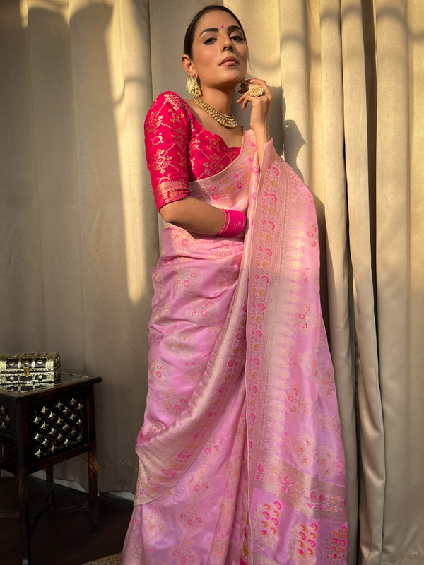 Baby Pink Meenakari Banarasi Uppada Silk Saree