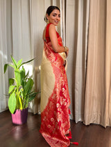 Off White Red Banarasi Silk Saree
