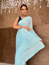 Arctic Blue Chikankari Sequined Georgette Saree