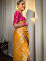 Mustard Yellow Meenakari Banarasi Uppada Silk Saree