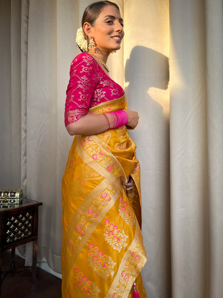 Mustard Yellow Meenakari Banarasi Uppada Silk Saree