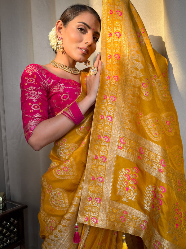 Mustard Yellow Meenakari Banarasi Uppada Silk Saree