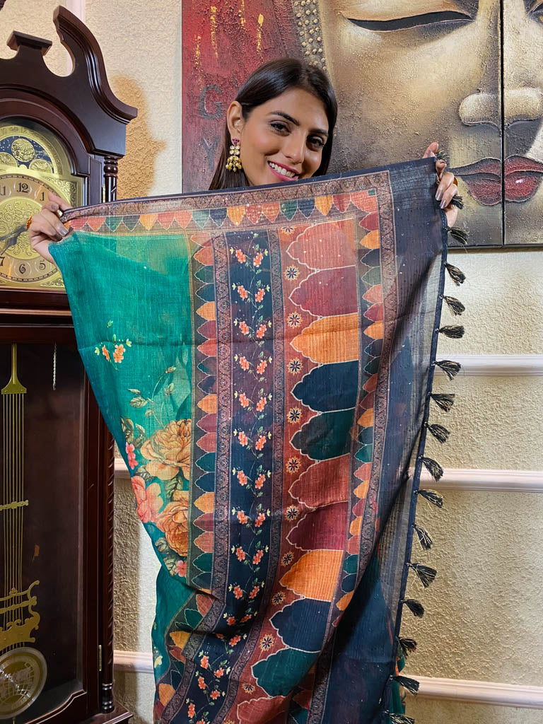 Ocean Green Linen Sequined Saree