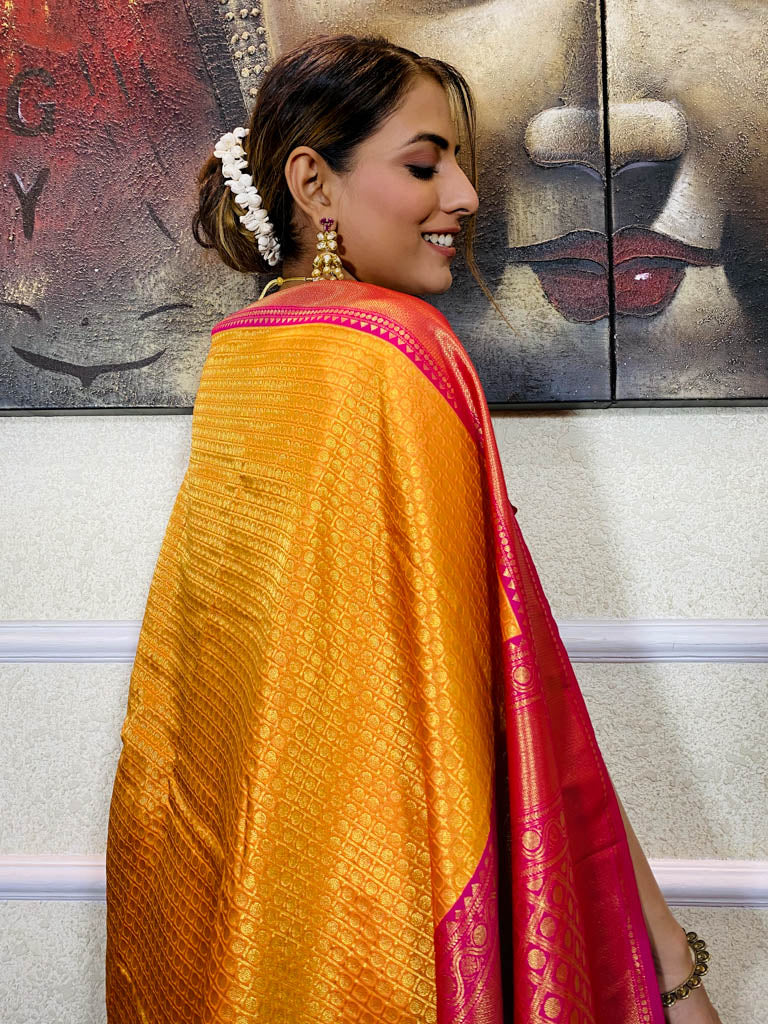 Mustard Gold Kanjeevaram Silk Banarasi Handloom Saree