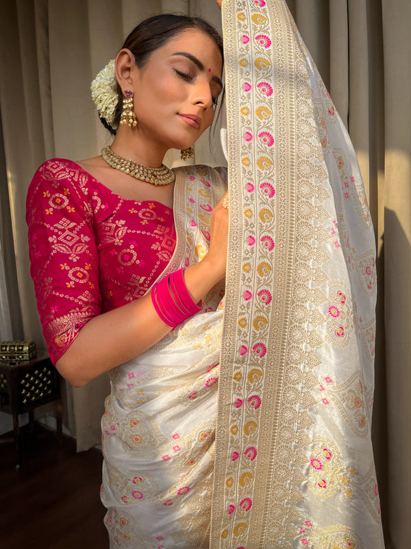 Pearl White Meenakari Banarasi Uppada Silk Saree
