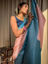 Peach Pink Antique Silver Kanjeevaram Silk Saree