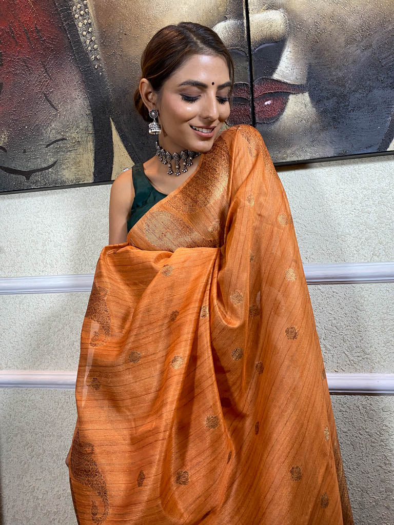 Carrot Orange Handloom Tussar Silk Saree