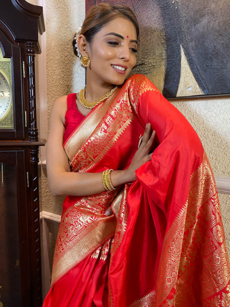 Scarlet Red Banarasi Silk Saree