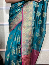 Turquoise Blue Woven Cotton Silk Saree