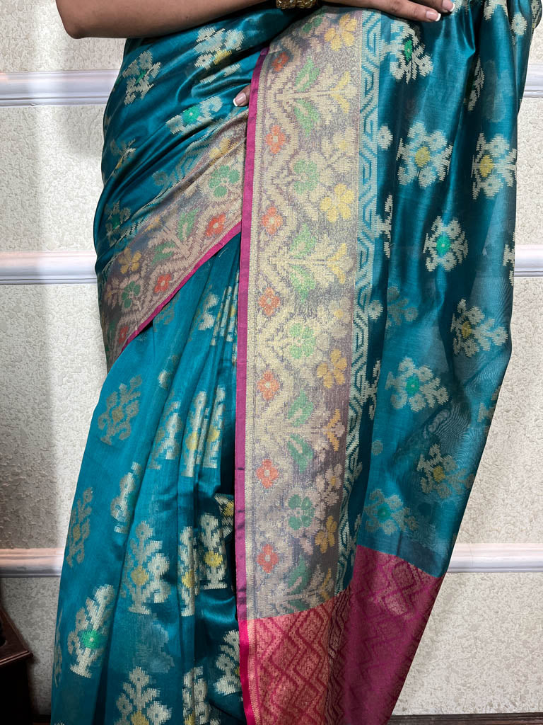 Turquoise Blue Woven Cotton Silk Saree