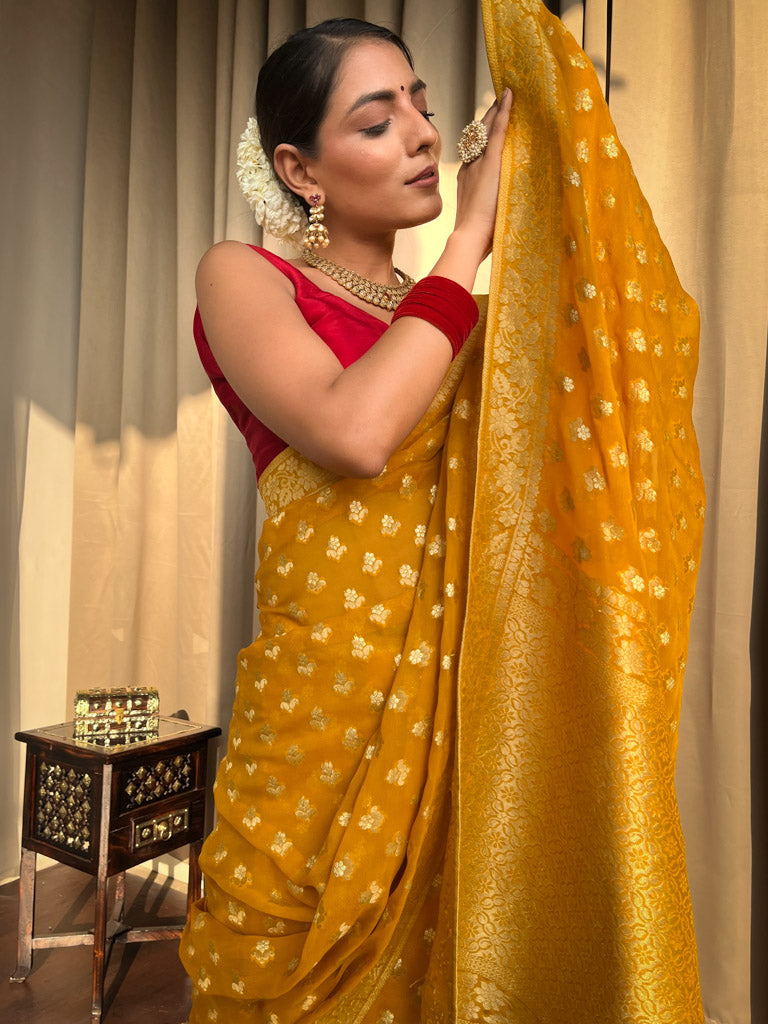 Mustard Yellow Banarasi Khaddi Weaved Georgette Saree