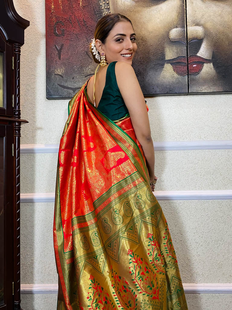 Scarlet Red Kanjeevaram Silk Banarasi Handloom Saree