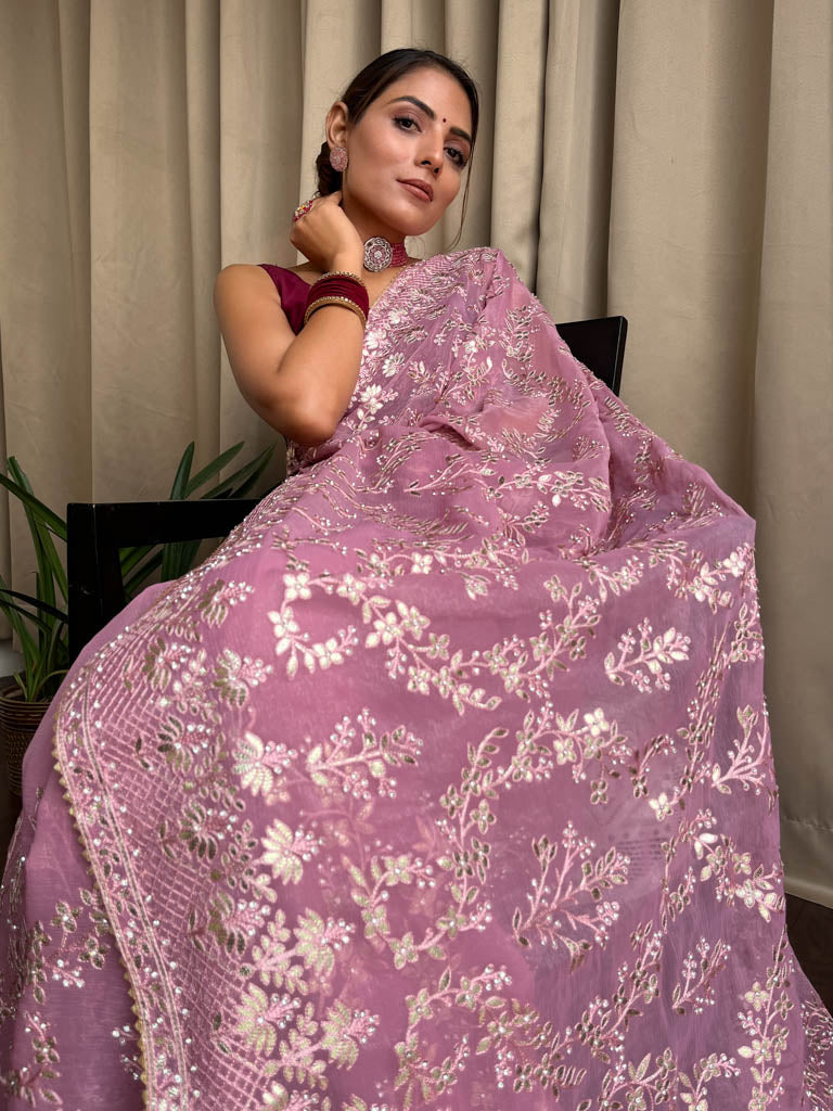 Onion Pink Gota Embroidery French Georgette Saree