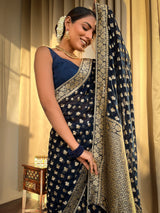 Midnight Blue Banarasi Khaddi Weaved Georgette Saree