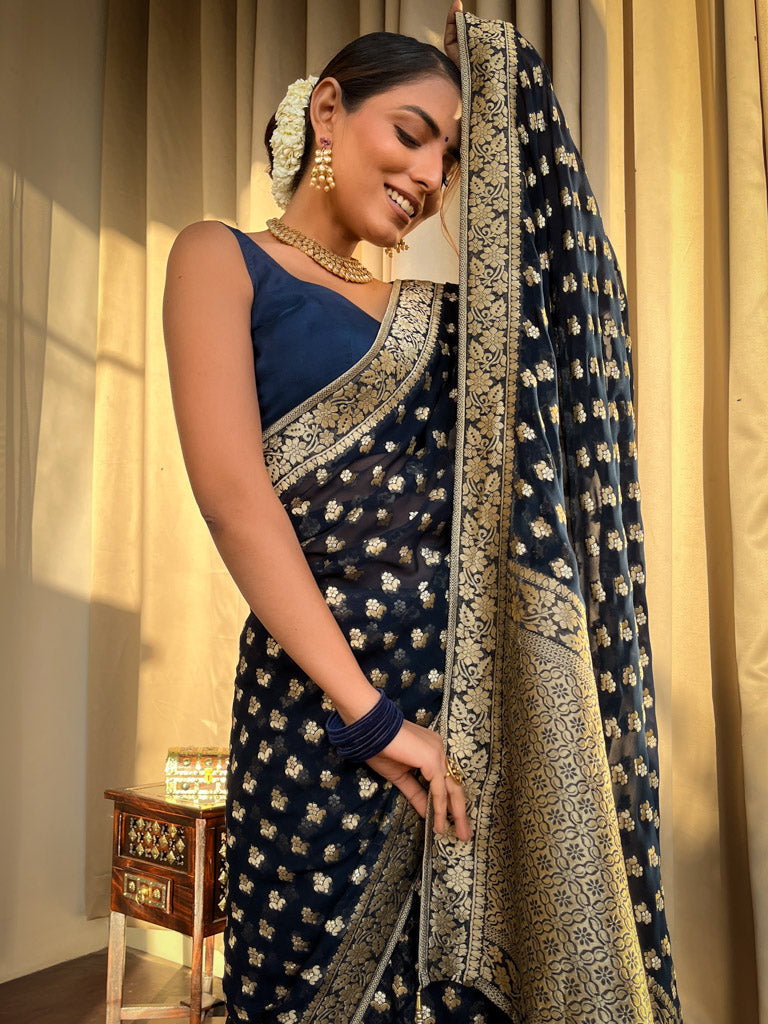 Midnight Blue Banarasi Khaddi Weaved Georgette Saree
