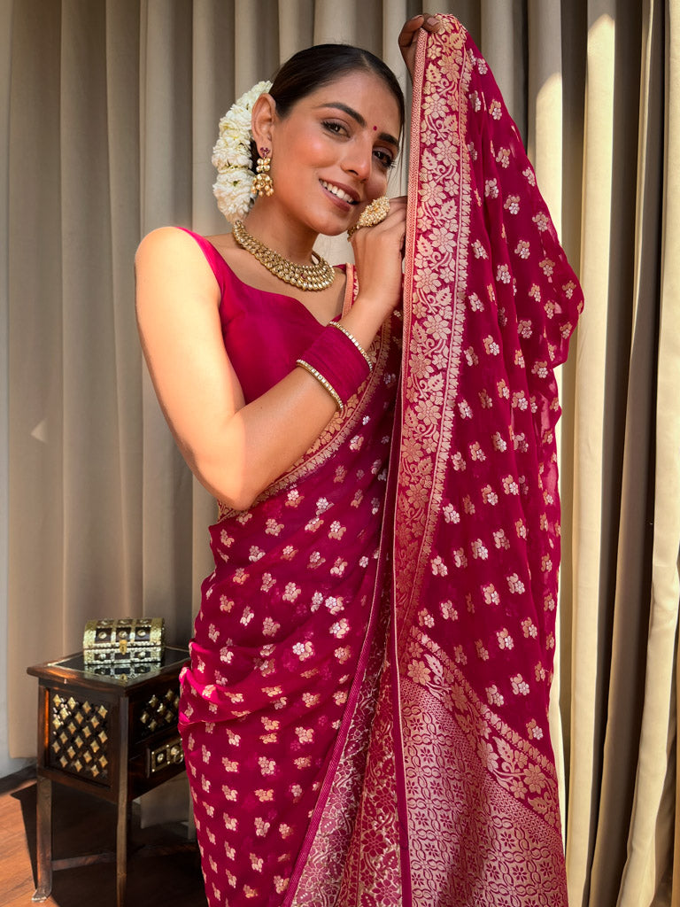 Queen Pink Banarasi Khaddi Weaved Georgette Saree