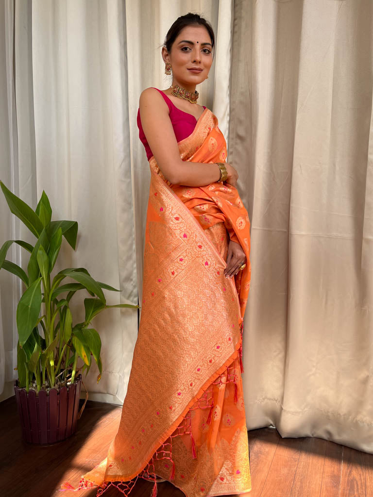 Carrot Orange Meenakari Cotton Silk Saree