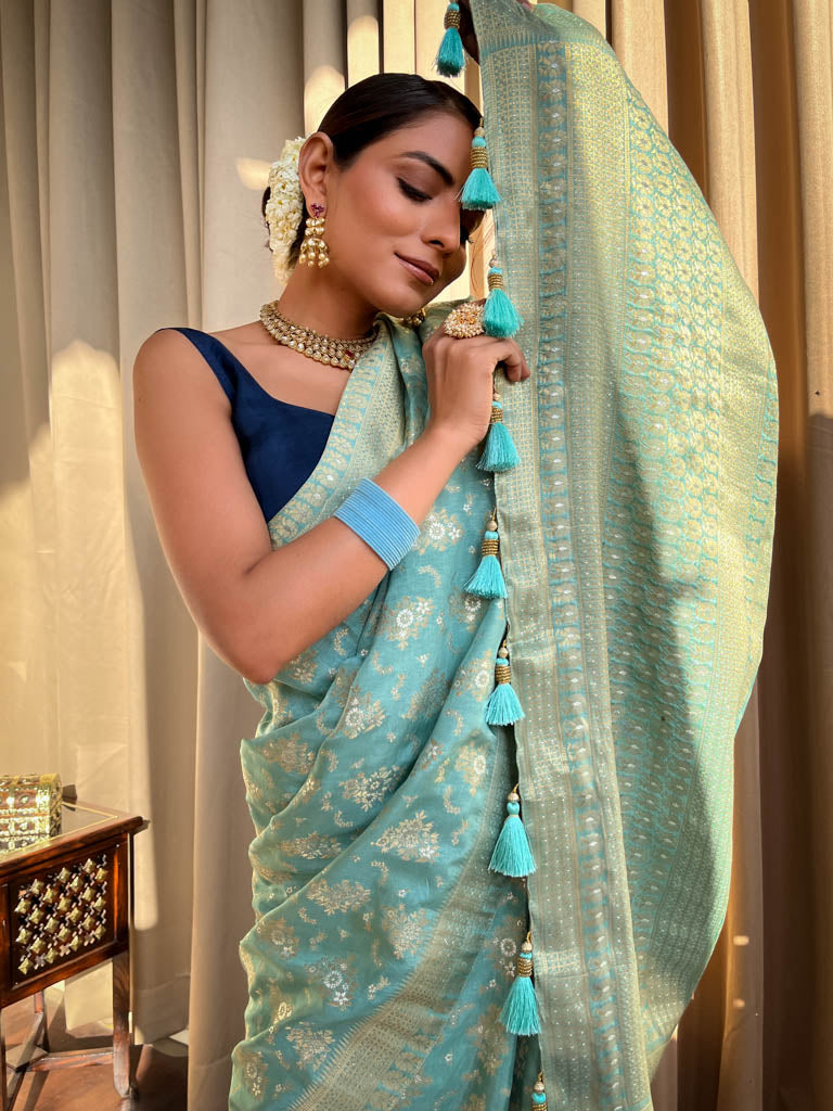 French Green Banarasi Uppada Silk Saree
