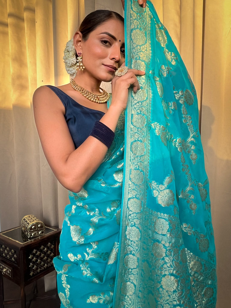 Firozi Blue Banarasi Khaddi Weaved Georgette Saree