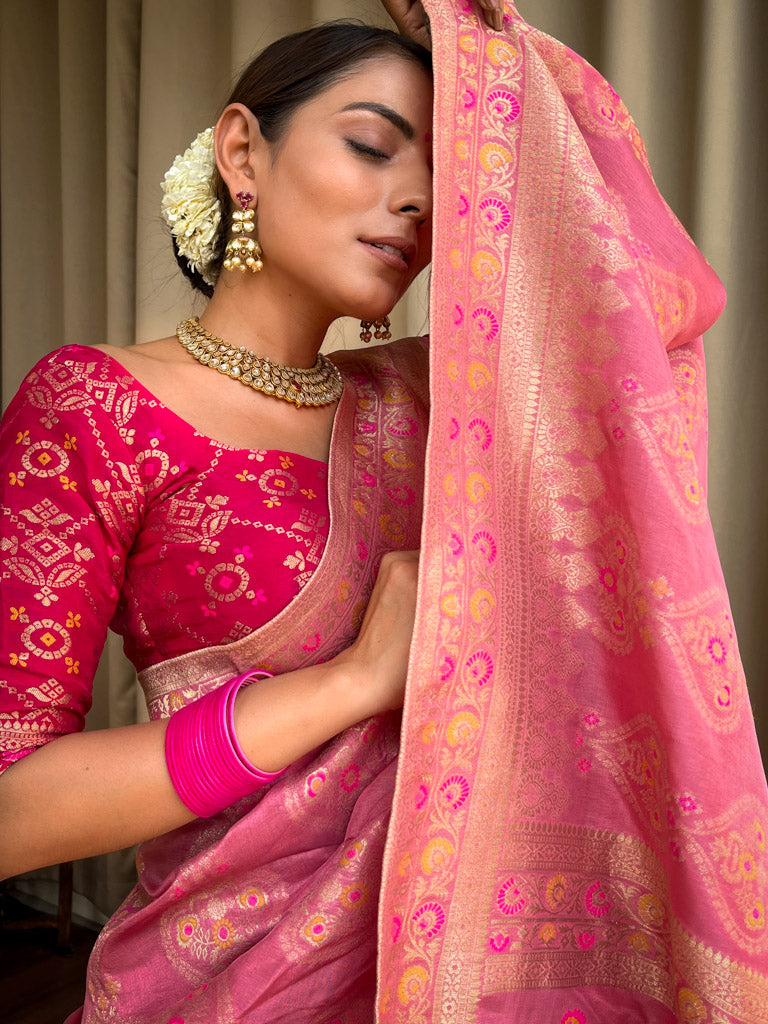 Onion Pink Meenakari Banarasi Uppada Silk Saree
