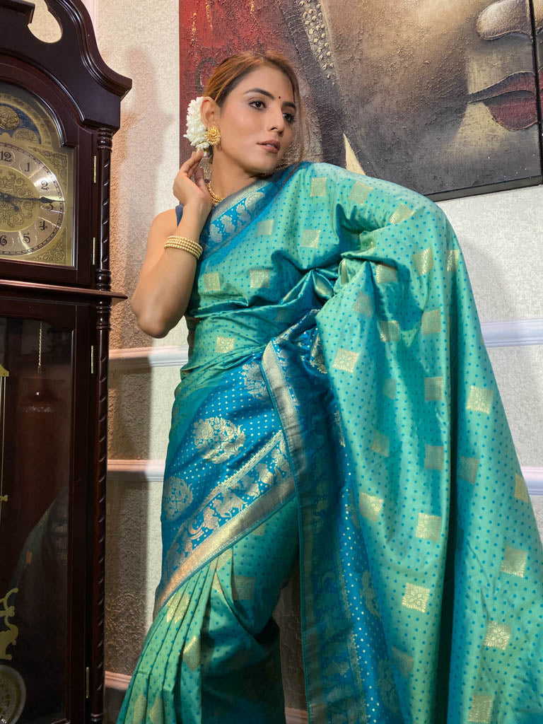 Teal Blue Banarasi Handloom Silk Saree
