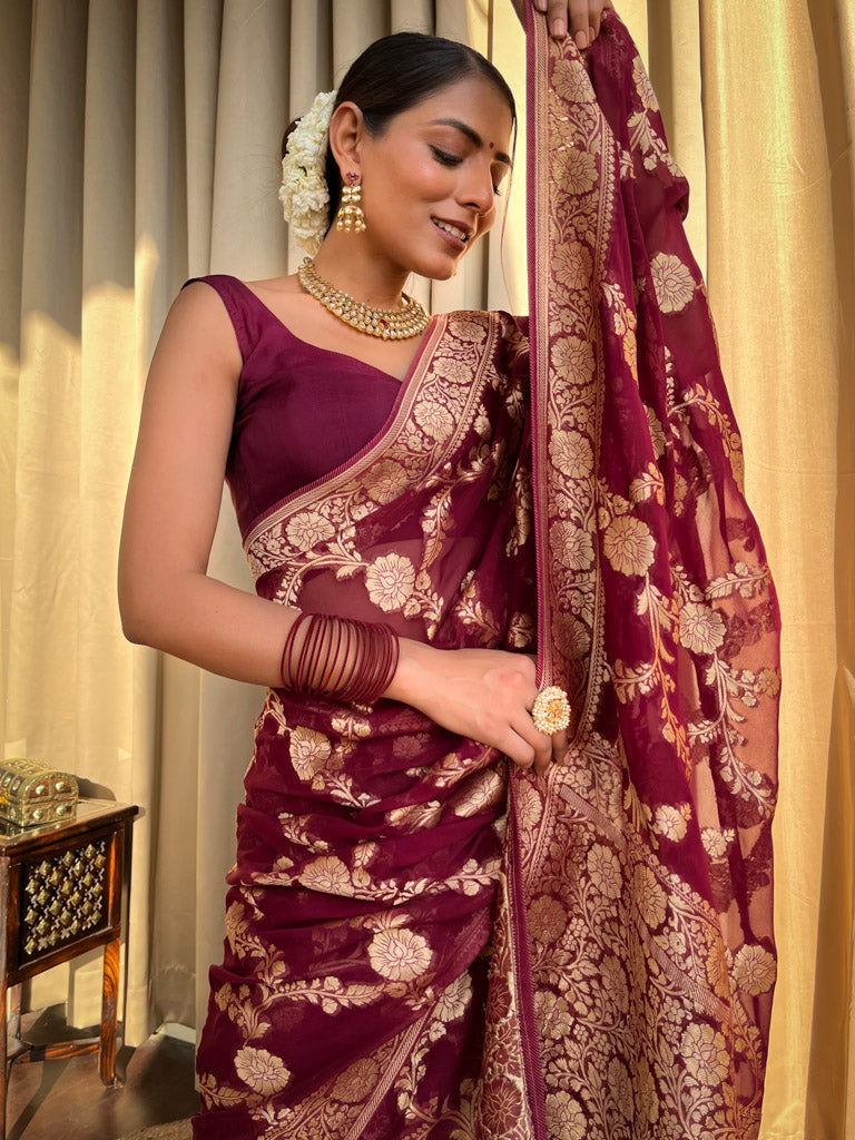 Sangria Wine Banarasi Khaddi Weaved Georgette Saree