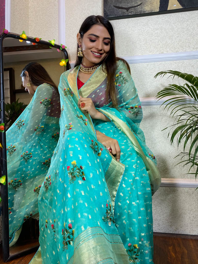 Sapphire Blue Organza Silk Saree