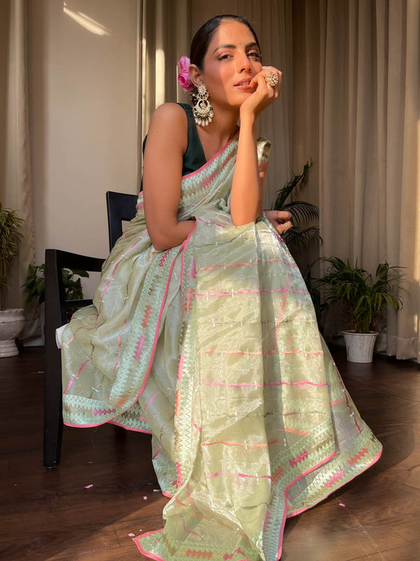 Lime Green French Organza Silk Saree
