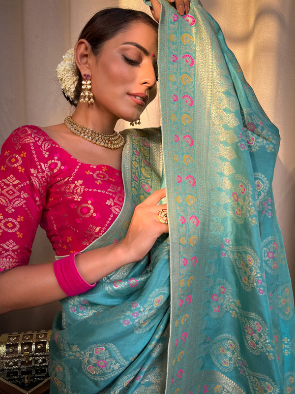 Turquoise Green Meenakari Banarasi Uppada Silk Saree
