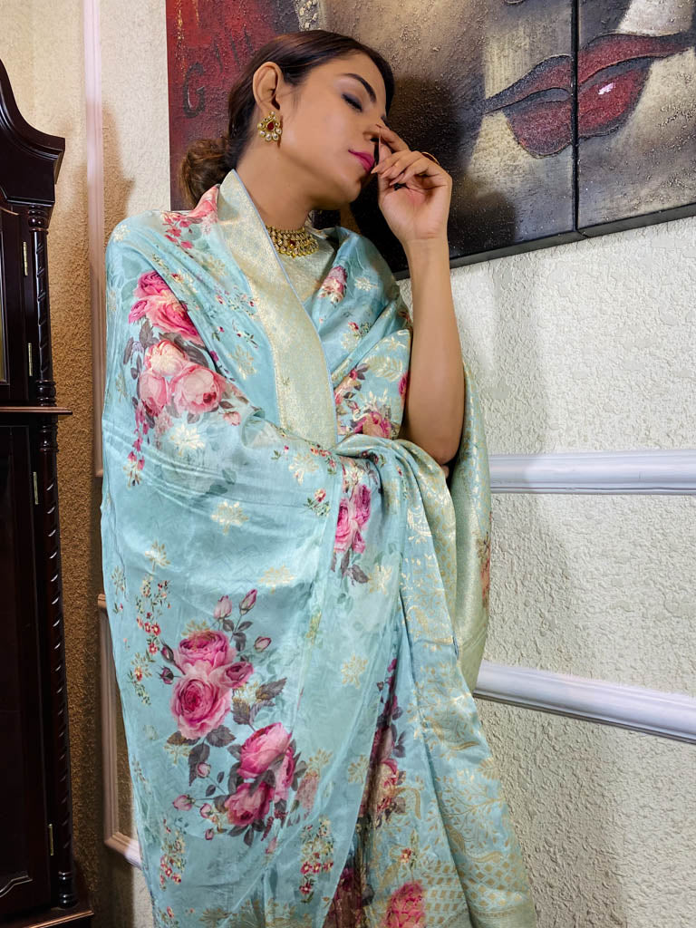 Arctic Blue Designer Banarasi Silk Saree