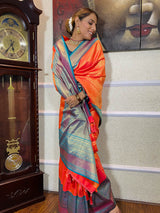 Carrot Orange Kanjeevaram Silk Banarasi Handloom Saree